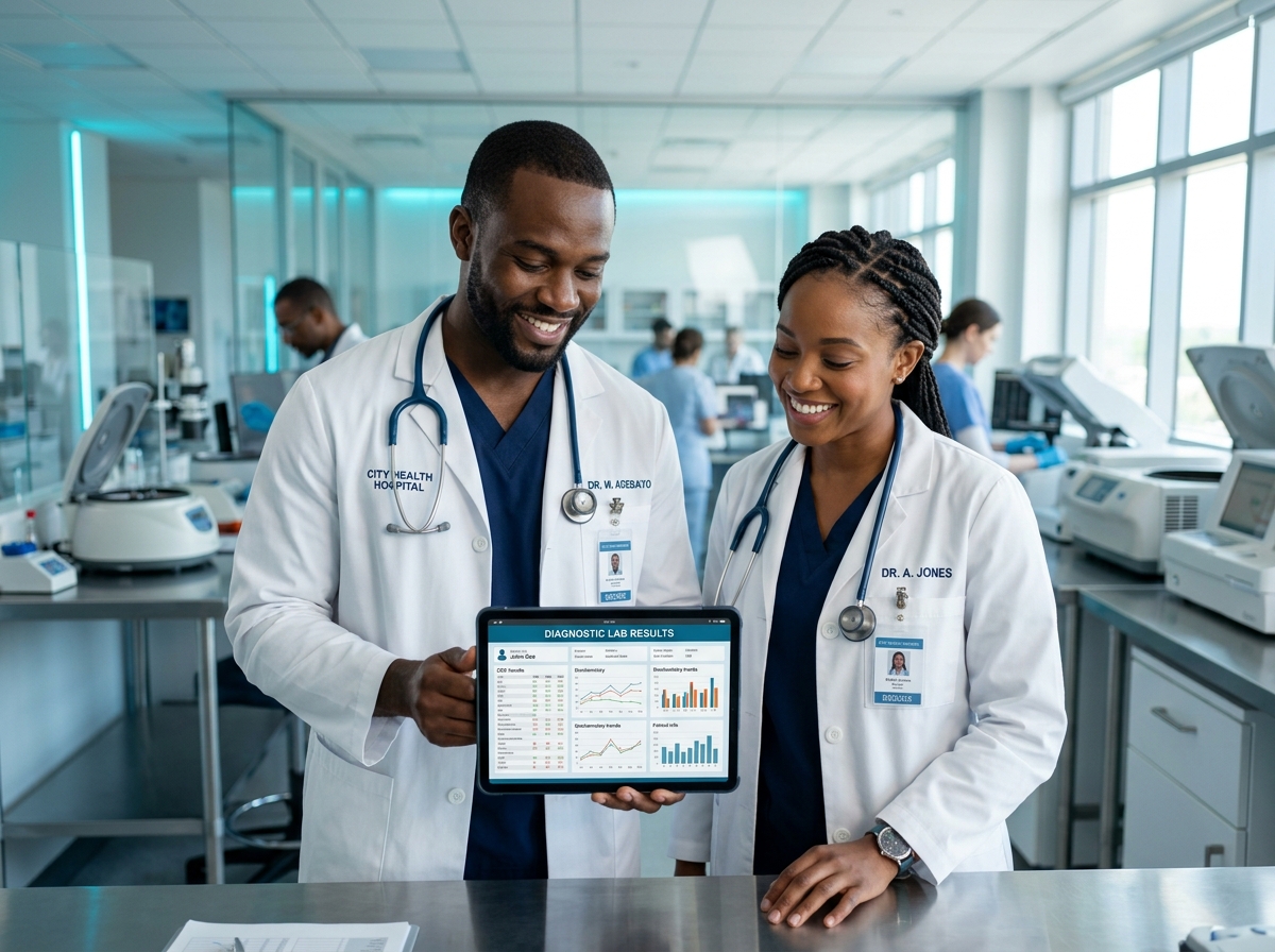 African American healthcare professionals reviewing diagnostic test results on tablet