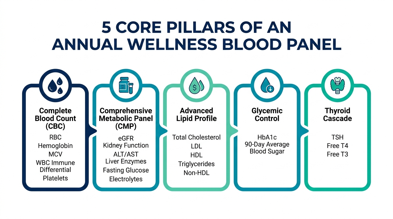 5 Core Pillars of an Annual Wellness Blood Panel - UR Next Lab Clinical Infographic