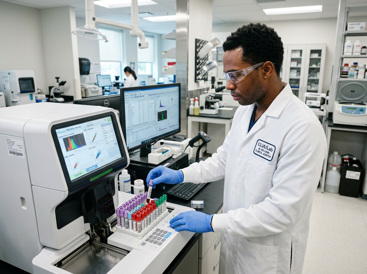 African American clinical laboratory scientist analyzing blood work