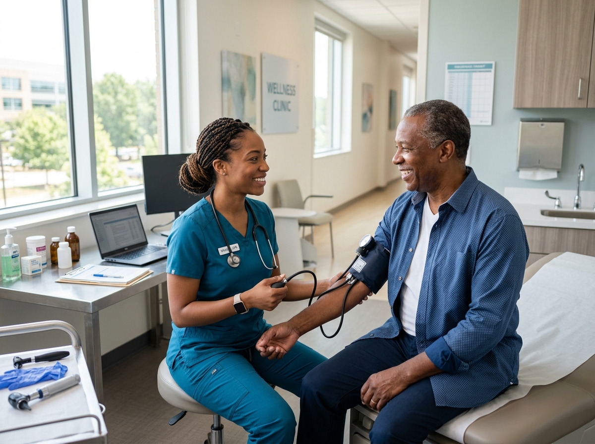 African American nurse conducting comprehensive wellness check